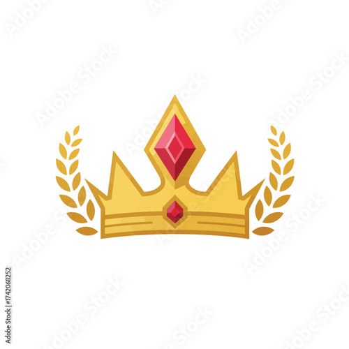 A golden crown adorned with red jewels and a laurel wreath signifies royalty, victory, and supreme achievement.
