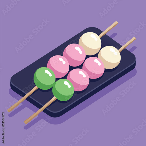 Mochi Dango Stick Japanese Sweet Dessert Food in Cute Animated Cartoon Vector Illustration