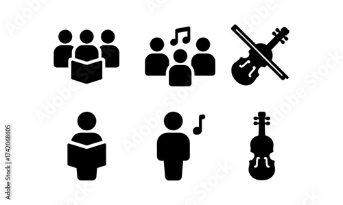 Music ensemble icons: choir and instrument symbols in minimalist silhouette design