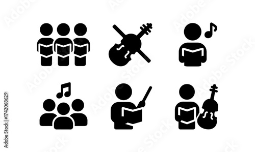 Musical icons: choir, instruments, and conductors in minimalist black silhouettes