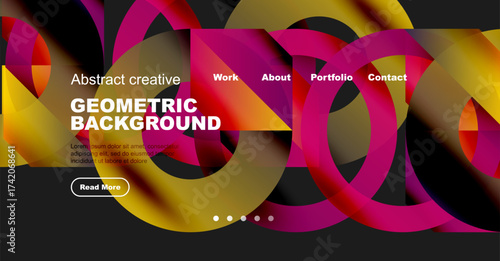 Abstract geometric design. Vibrant colors overlap creating dynamic visual experience. Website header includes navigation options, text, button.