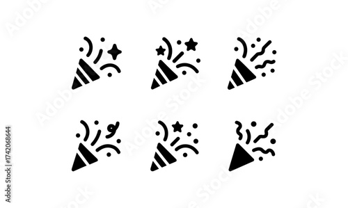 Celebration icons: six minimalist black confetti popper designs