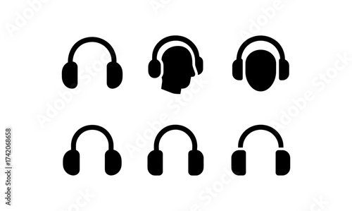 Minimalist headphone icons in silhouette style for multimedia design