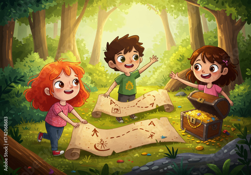 Cartoon Children Discovering Treasure with Maps in a Forest Adventure.