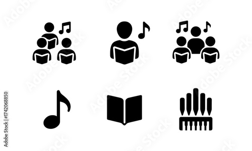 Choral singing icons: musical notes, book, and organ in simple black design