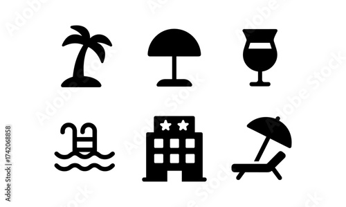 Bold summer vacation icons set featuring palm, umbrella, and cocktail