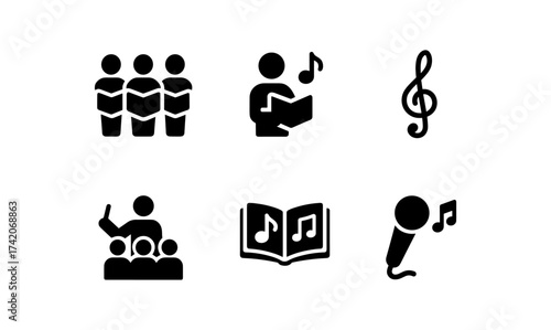 Music and choir icons set featuring singing, notes, and conducting symbols in black