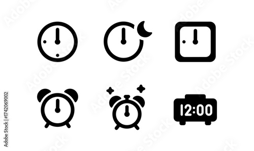 Minimalist clock icons collection featuring alarm and time indicators