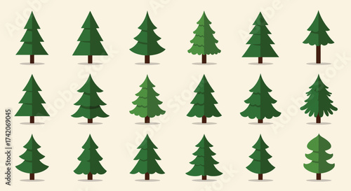 Collection of stylized green Christmas trees with brown trunks