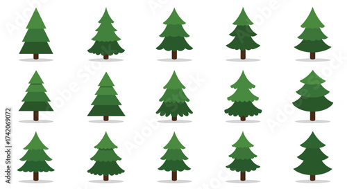 Collection of stylized green Christmas trees with brown trunks.