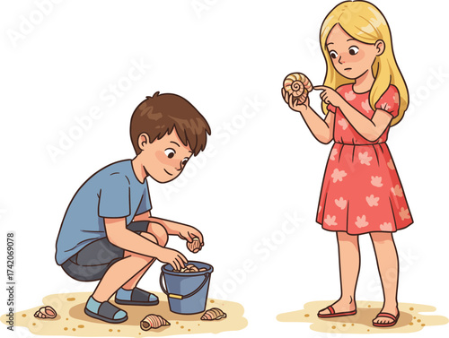 Happy boy and girl collecting seashells in a bucket on a sandy beach, summer vacation and childhood hobby concept

.