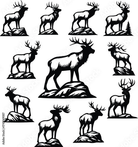 Elk on Boulder Bundle | 11 Wildlife Elk Mountain Scene Silhouettes | Clipart Pack