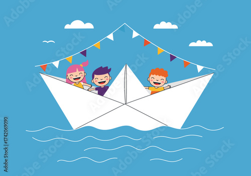 Cartoon Children Sailing in a Paper Boat with Festive Bunting.