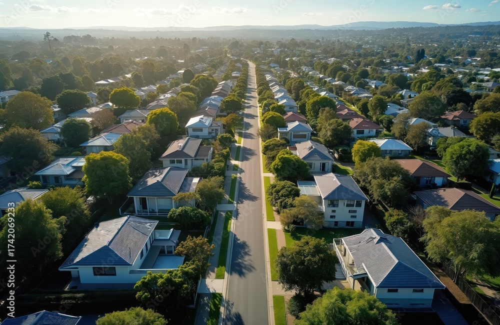Obraz premium Aerial view of residential neighborhood in Geelong Australia with rich green spaces, modern homes. Houses with grey, red roofs surrounded by trees, gardens. Straight road runs through suburb with