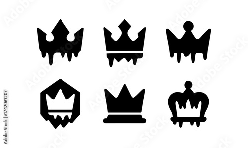 Set of black crown silhouettes in unique geometric shapes