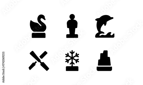 Simple icons: swan, award, dolphin, tools, snowflake, skyscraper illustrations