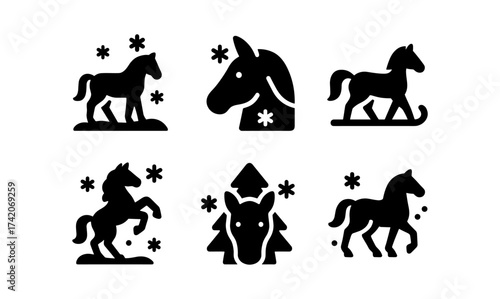 Silhouette horse icons with snowflakes and trees in winter theme