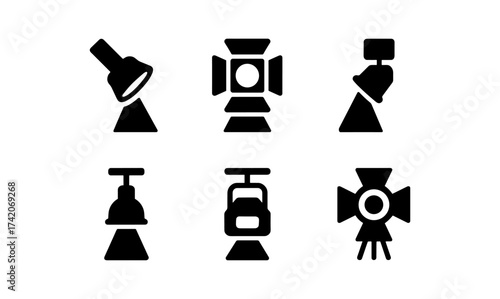 Set of simple spotlights icons in black silhouette style for lighting design