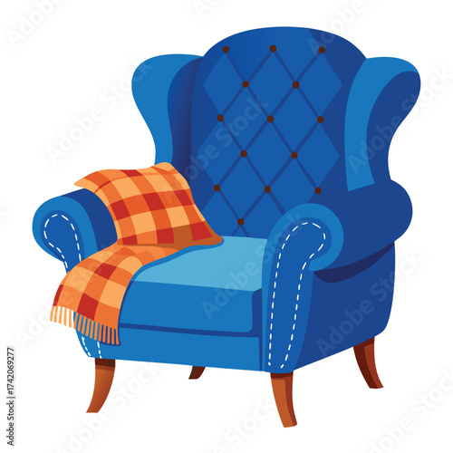 Plush blue armchair with a sturdy wooden base, offering a comfortable and inviting seating option. Vector cartoon illustration