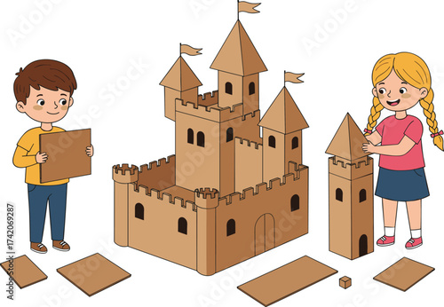 Cute young boy and girl children doing creative paper cutting and button gluing crafts, learning and hobby concept

.