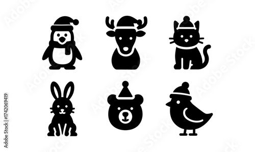 Festive animal silhouettes in winter hats for holiday designs