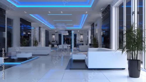 Modern interior design with blue led lighting and white furnishings