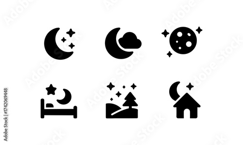 Nighttime icons set: moon, stars, cloud, and sleep scenes in silhouette