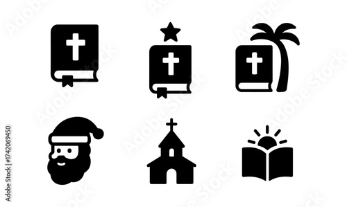 Religious icon set: bible, church, santa, and more in bold silhouette style
