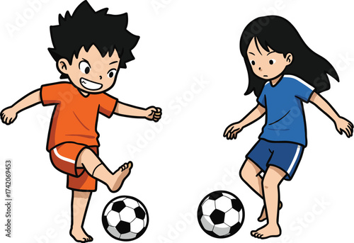 Happy young boy and girl children playing soccer football barefoot outside, running with smiles, sport concept, youth activity.