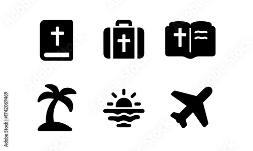 Minimalist religious travel icons: bible, luggage, tropical adventure