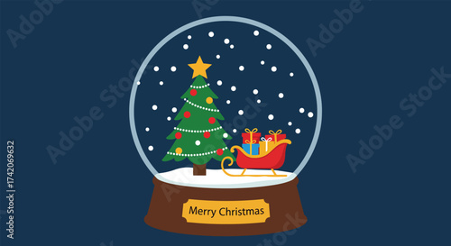 Festive Christmas Snow Globe with Decorated Tree and Sleigh.