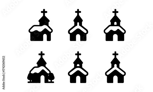 Minimalist black and white church icons with snowy roofs