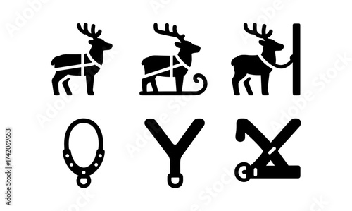 Sleigh reindeer silhouettes with harnesses in black