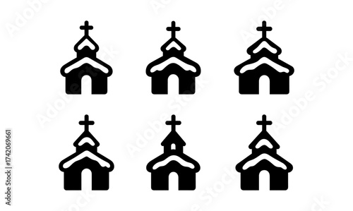 Set of minimalist church icons with snow-capped roofs for winter design projects