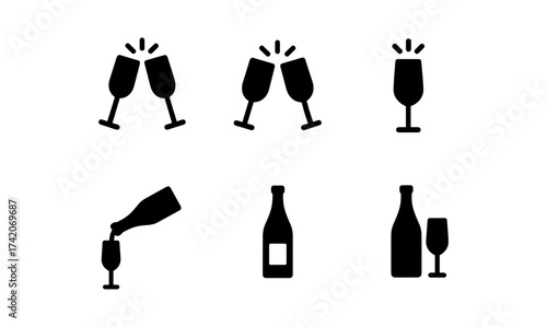 Minimalist wine glass and bottle icons for celebrations and parties