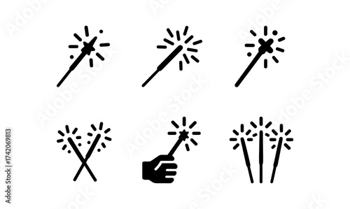 Magic wand icons in minimalist style with sparkling star patterns