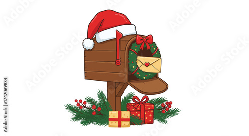 Festive Wooden Mailbox Decorated for Christmas with Santa Hat and Gifts.