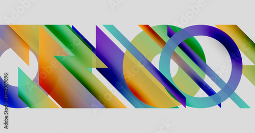 Abstract colorful shapes overlap, creating dynamic visual effect. Gradient hues blend, forming modern composition. Smooth transitions dominate design.