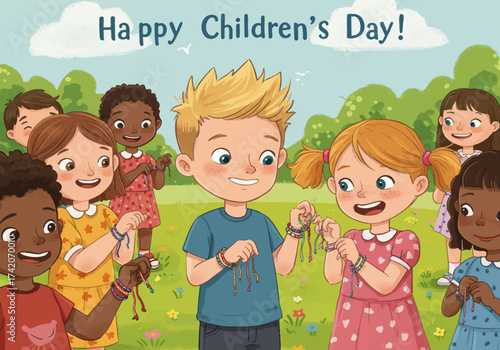 Diverse Group of Children Celebrating with Friendship Bracelets on Childrens Day.