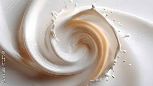 Dramatic display of a swirling, textured, milky substance in a fluid motion against a clean, light backdrop, presenting dynamic shapes, highlights, and captivating details with a soft, warm color...