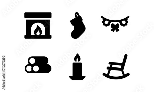 Cozy christmas icons: fireplace, stocking, garland, logs, candle, rocking chair in silhouette style