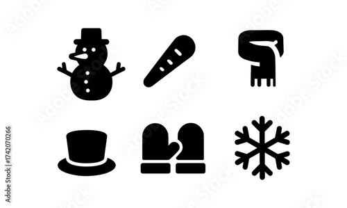 Winter icons set: snowman, scarf, mittens, and more in minimalist design
