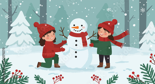 Two happy children building a snowman in a snowy forest