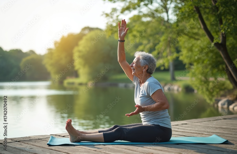 Fototapeta premium Elderly woman practices yoga pose outdoors near lake at sunrise. Fit senior female performs stretching exercises on mat. She enjoys calm morning, good health, and active lifestyle.