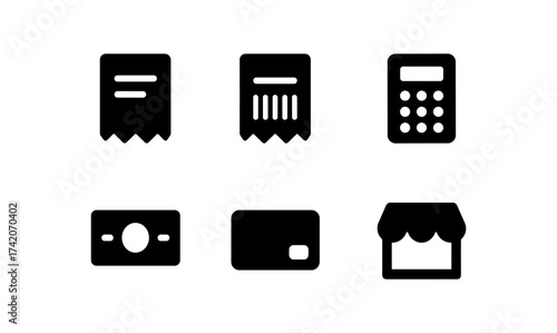 Minimalist set of finance and retail icons in simple black silhouette style