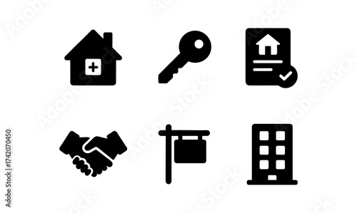 Real estate icons set featuring home, key, contract, handshake, sign, building