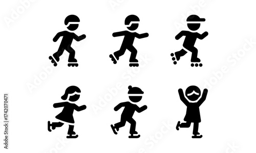 Silhouette roller and ice skating kids in action