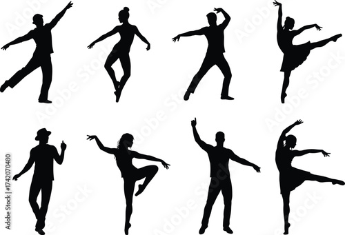 Silhouette dancers performing, ballet pose, contemporary dance, modern style, artistic movement, choreography expression, graceful balance, dynamic posture, performance art, body language