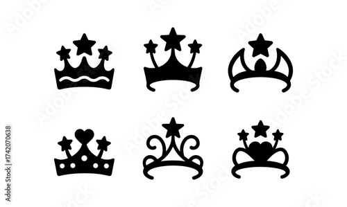 Silhouette collection of crown symbols with stars and hearts