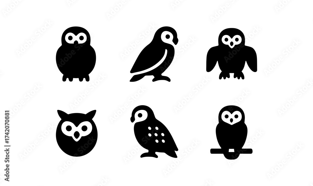 Fototapeta premium Simple owl icons collection: silhouette designs of six unique owls